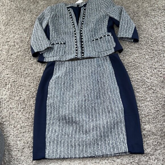 White House black market size 10 skirt suit blue Pearl ecru tweed skirt blazer - Picture 4 of 13